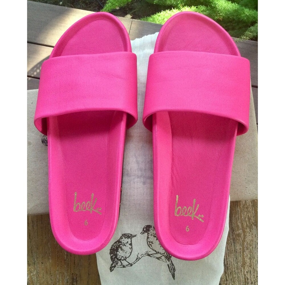 Beek Pelican Leather Platform Slide Sandals Size 6 Hibiscus Hot Pink Shoes w Bag - Picture 8 of 13